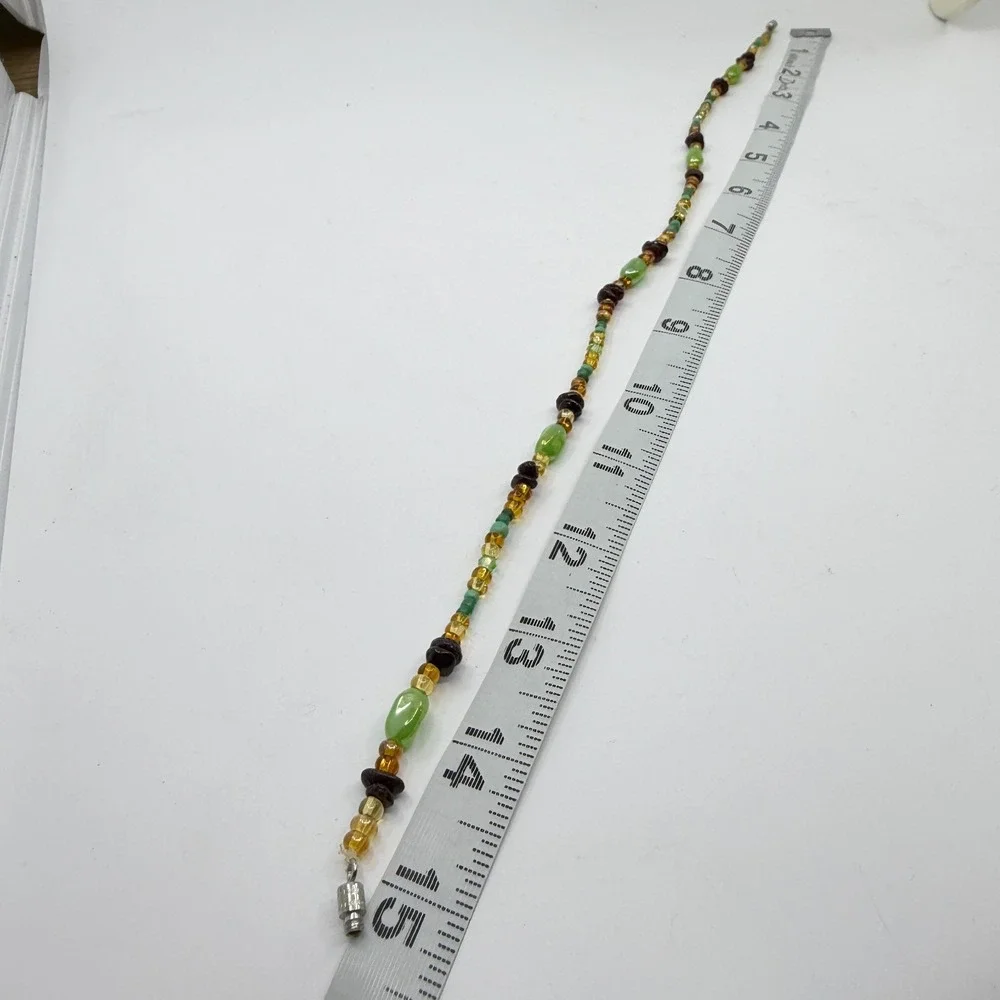 Necklace Vintage Green Amber Tone Glass Beaded Cottagecore Boho Statement Chain